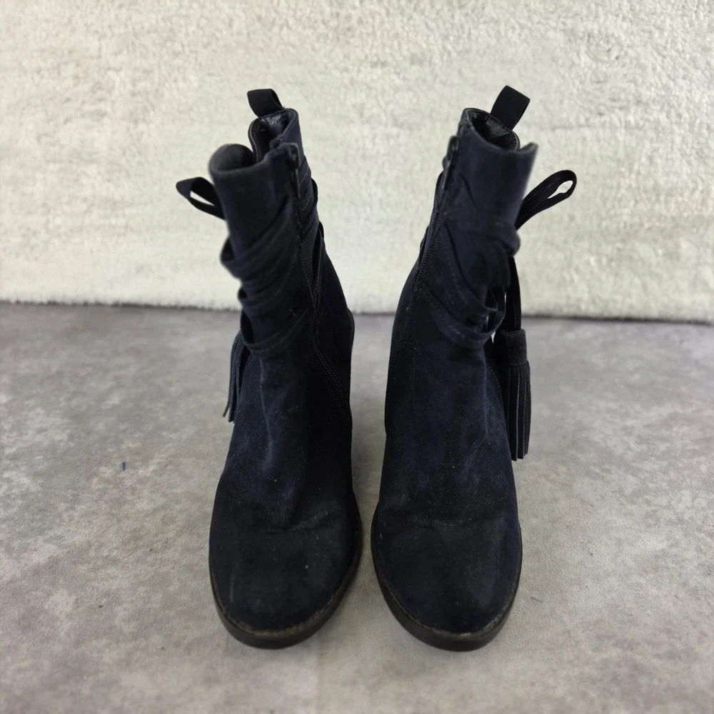Clifton Navy Blue Faux Suede Tassel Ankle Boots Block Heel Women 7M